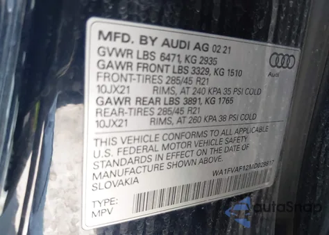 2021 Audi Q8 Prestige 55 Tfsi Quattro Tiptronic из США, поврежденный, VIN WA1FVAF12MD029817